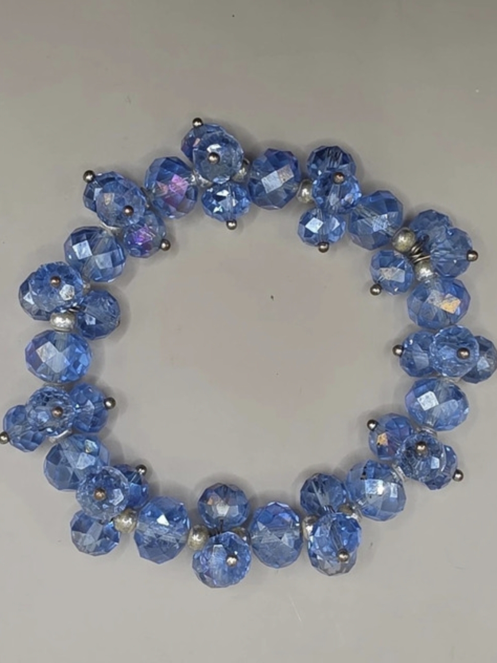 Blue Faceted Bead Cluster Stretch Bracelet Chunky Statement Silver Tone